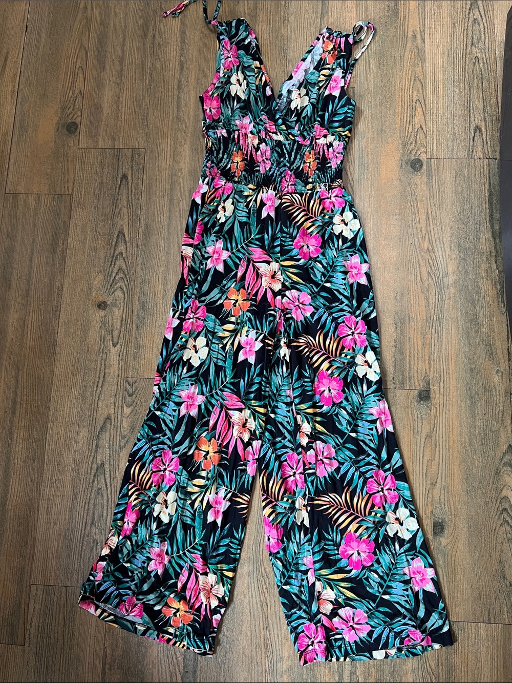 Floral V-Neck Wide-Leg Jumpsuit - Black with Pink Floral
